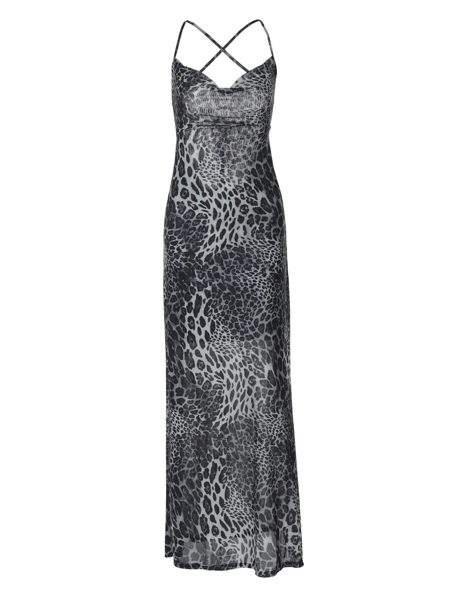 Shemoda: Willow Wildprint Dress | Nüra - Discover Shemoda's Willow Wildprint Dress: a bold leopard print with a backless cut, draped neckline, and flowing mesh skirt for effortless elegance. - $21.00