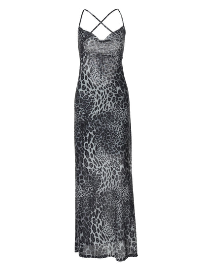 Shemoda: Willow Wildprint Dress | Nüra - Discover Shemoda's Willow Wildprint Dress: a bold leopard print with a backless cut, draped neckline, and flowing mesh skirt for effortless elegance. - $21.00