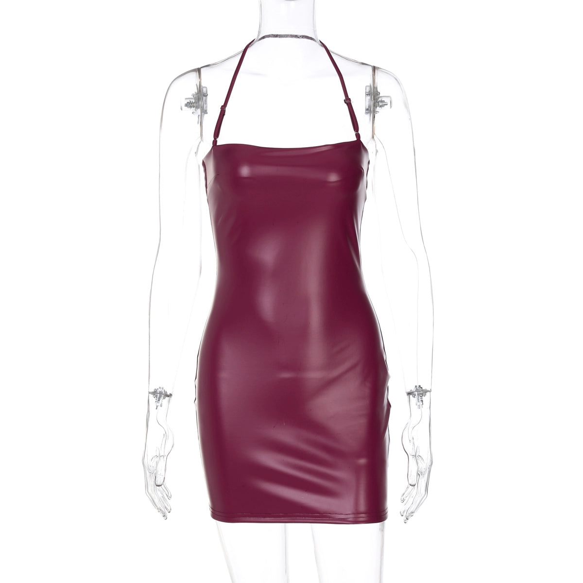 Shemoda: Nox Bodycon Dress | Nüra - Turn heads in Shemoda's Nox Bodycon Dress. Glossy PU leather, halter straps, and a sexy fit make it perfect for bold, edgy nights out. - $19.00