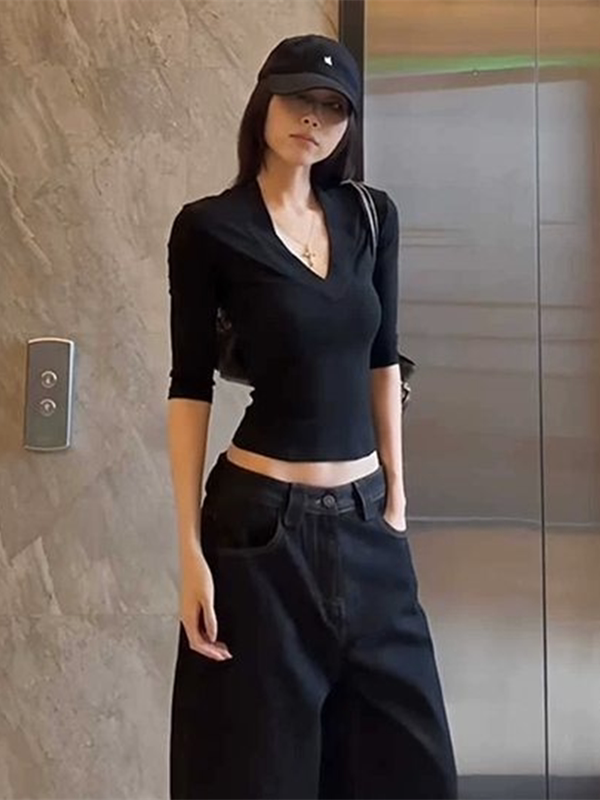 Shemoda: Ivy Luxe Crop | Nüra - Discover modern elegance with Shemoda's Ivy Luxe Crop. Featuring a sexy deep V-neck and fitted fabric, it's perfect for stylish casual or semi-formal looks. - $19.00