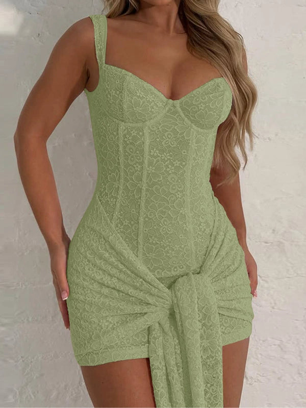 Shemoda: Oriana Mini Dress | Nüra - Discover elegance with Shemoda's Oriana Mini Dress. Featuring a corset bodice, lace overlay, and stretch fabric for a chic, comfortable fit. - $36.00