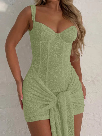 Shemoda: Oriana Mini Dress | Nüra - Discover elegance with Shemoda's Oriana Mini Dress. Featuring a corset bodice, lace overlay, and stretch fabric for a chic, comfortable fit. - $36.00