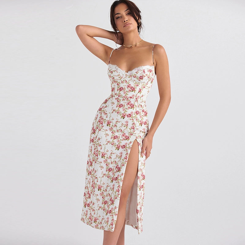 Shemoda: Vivienne Midi Dress | Nüra - Discover the Vivienne Midi Dress by Shemoda: a retro floral camisole with a high waist and side slit for a slimming, stylish silhouette. - $19.00