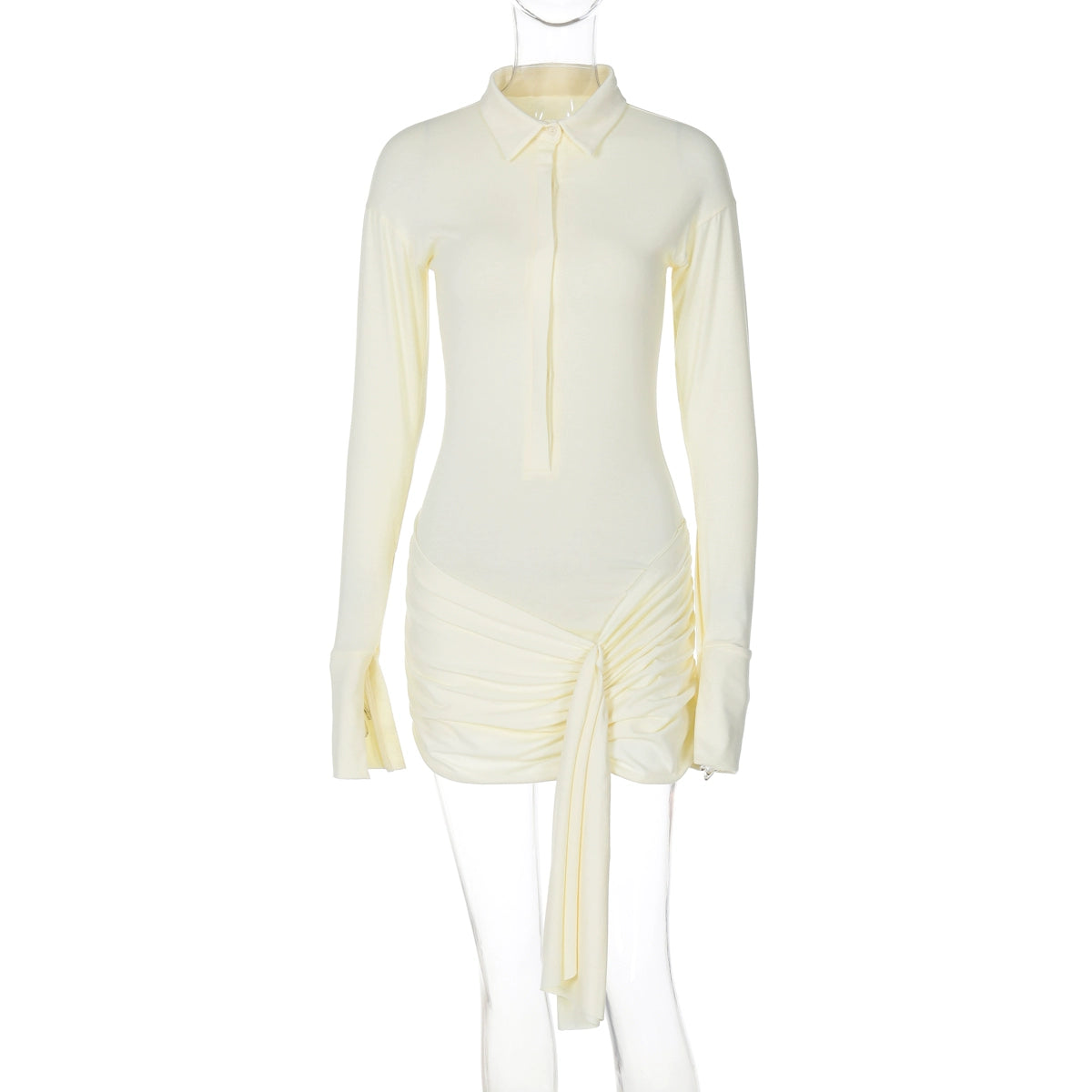 Shemoda: Lexi Shirt Dress | Nüra - Discover elegance with Shemoda's Lexi Shirt Dress. Featuring a slimming fit, classic collar, and asymmetrical ruched hem for a chic look. - $30.00