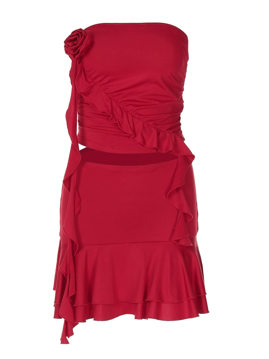 Shemoda: Isla Vibe Skirt Set | Nüra - Elevate your style with Shemoda's Isla Vibe Skirt Set: a chic two-piece featuring a ruched bandeau and ruffled skirt, perfect for sunny days. - $24.00