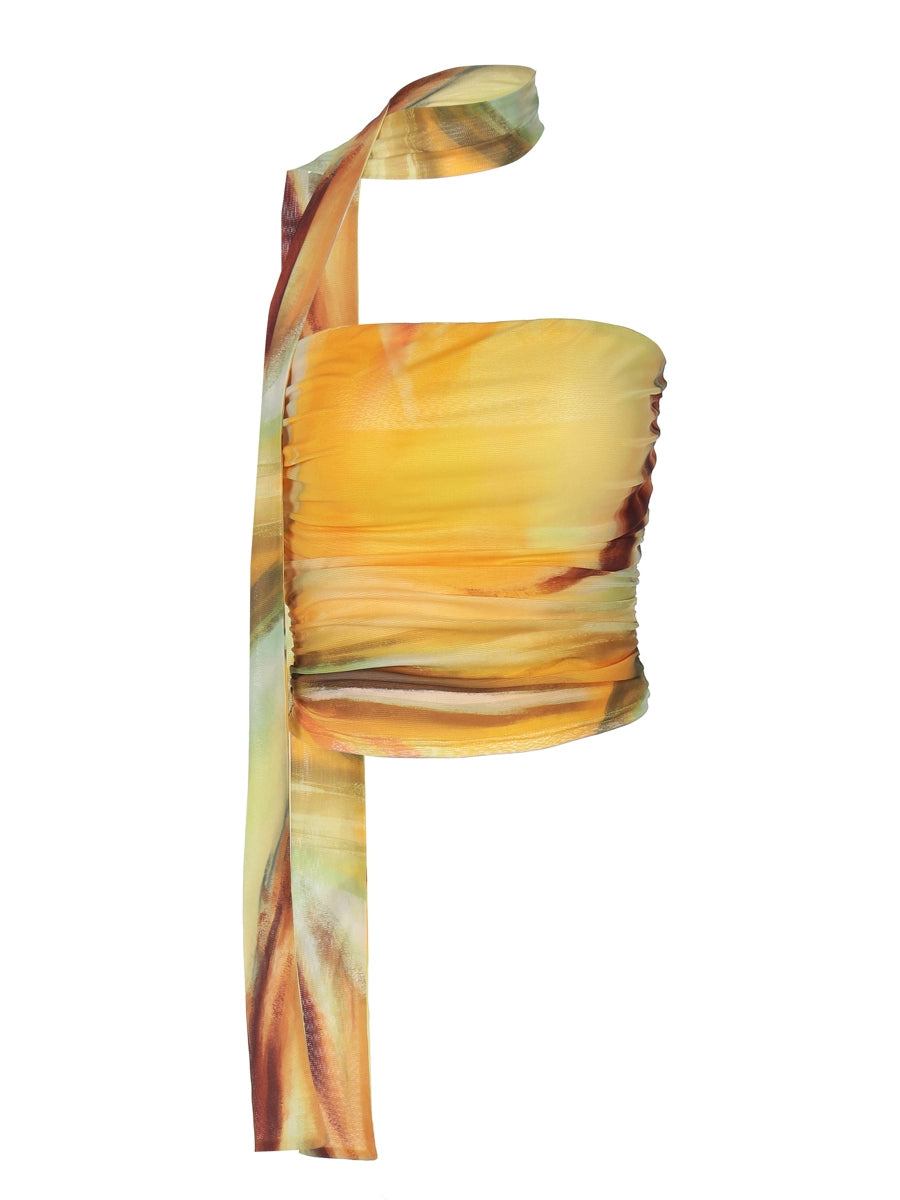 Shemoda: Amber Drift Top | Nüra - Elevate your summer style with Shemoda's Amber Drift Top. This strapless, ruched crop top features a yellow-orange gradient and a chic neck scarf. - $19.00