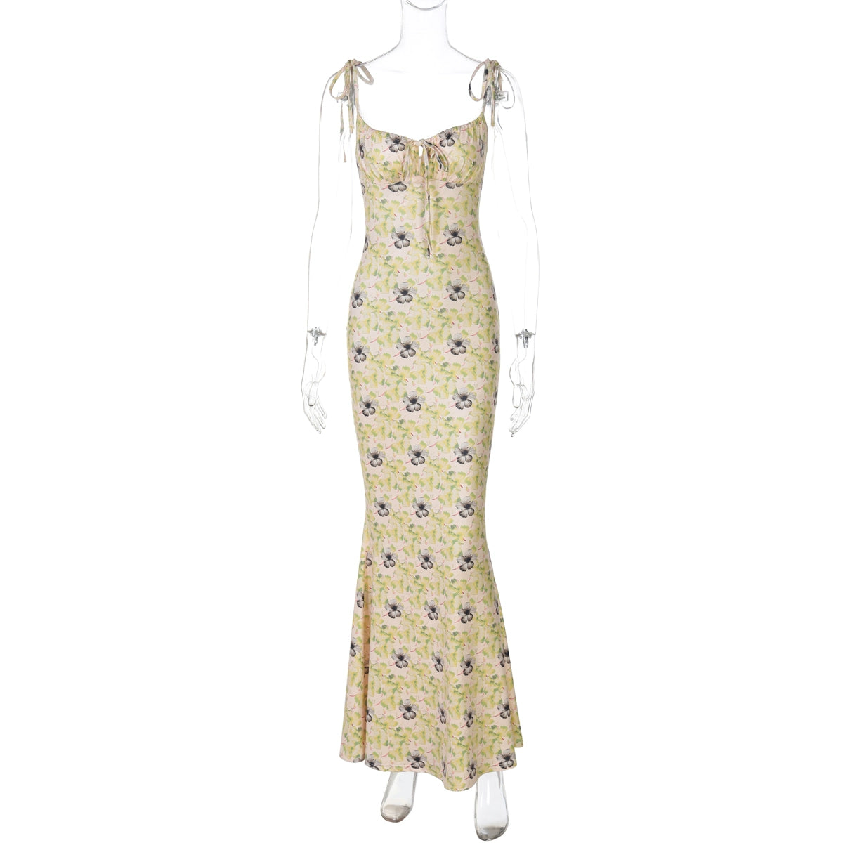 Shemoda: Dawn Floral Dress | Nüra - Chic summer style with Shemoda's Dawn Floral Dress: high waist, slim fit, blue flowers, bow straps, ruched neckline, and fishtail skirt. - $22.00