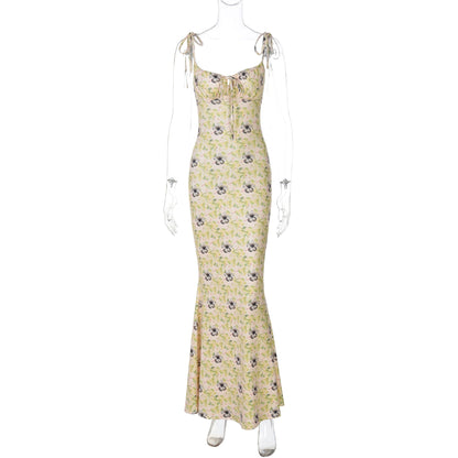 Shemoda: Dawn Floral Dress | Nüra - Chic summer style with Shemoda's Dawn Floral Dress: high waist, slim fit, blue flowers, bow straps, ruched neckline, and fishtail skirt. - $22.00