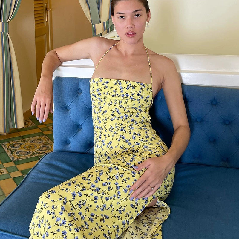 Shemoda: Flora Blossom Dress | Nüra - Discover Shemoda's Flora Blossom Dress: an elegant, sleeveless maxi with a tie-back neckline. Yellow with blue florals for a fresh, confident style. - $19.00