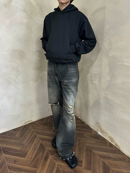 MUKHINA: Damaged Loose Straight Fit Jeans | Nüra - Discover MUKHINA's Damaged Loose Straight Fit Jeans with unique black & yellow detailing and tassel patches for a trendy, authentic style. - $92.00
