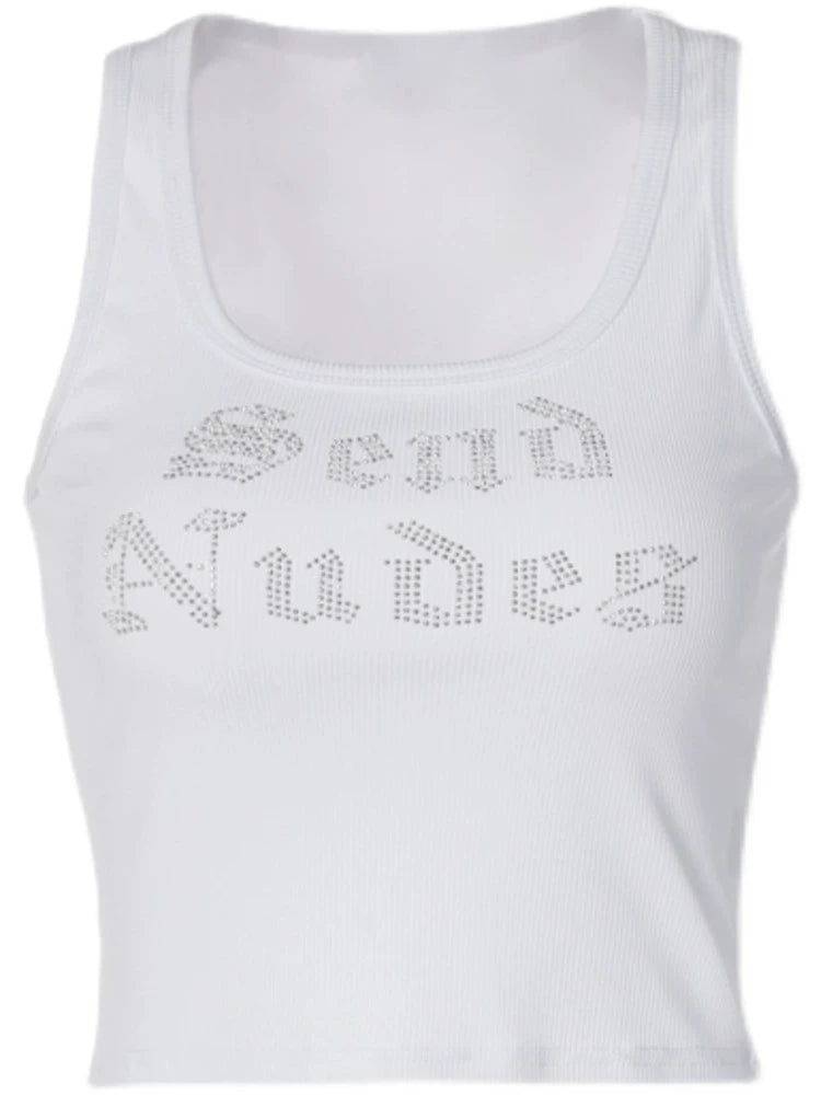 Shemoda: Jade Edge Top | Nüra - Edgy Jade Edge Crop Top by Shemoda: Slim-fit, solid color with 'Send Nudes' in rhinestones. Perfect for day or night. Stand out in style! - $18.00