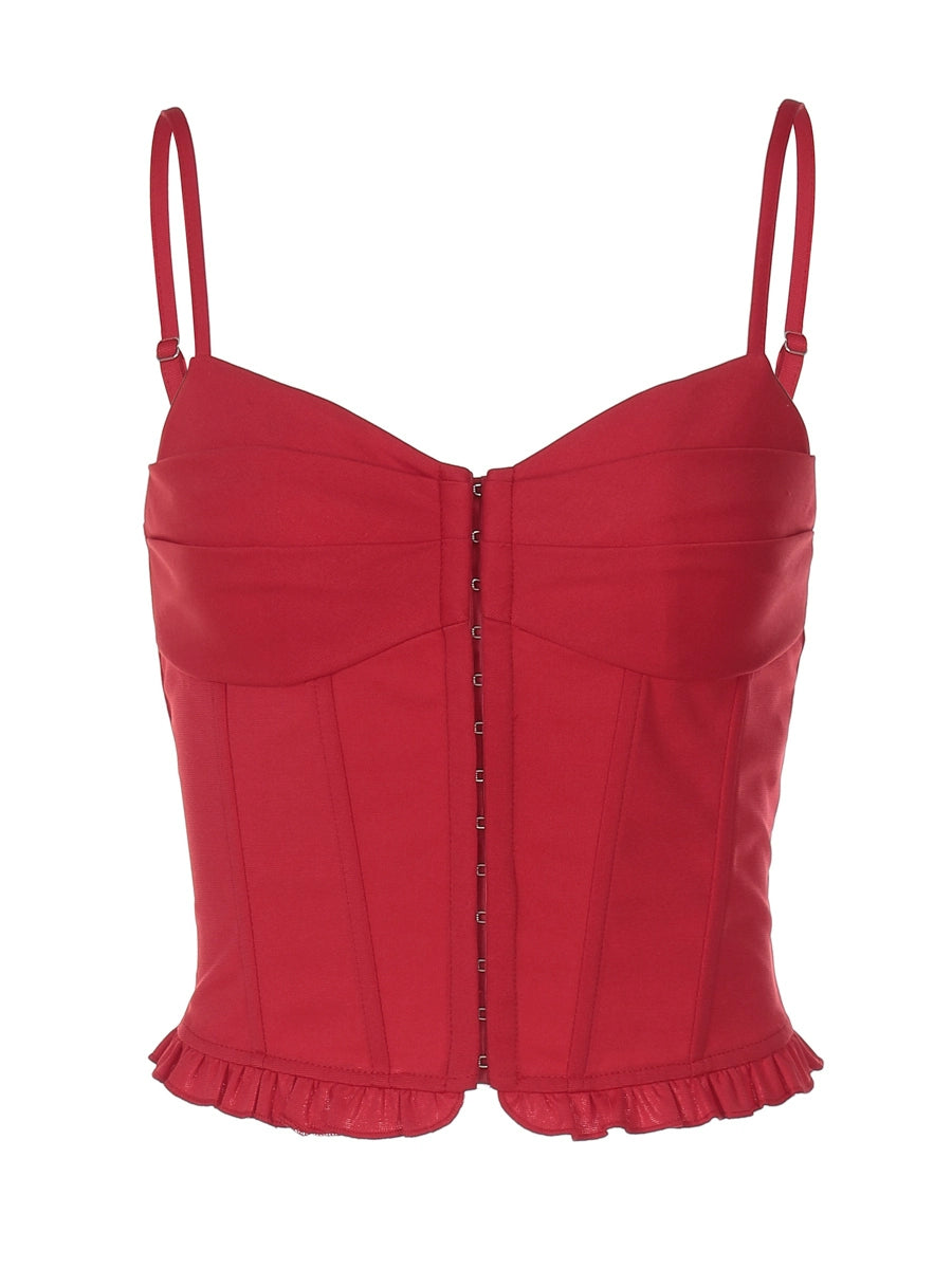 Shemoda: Vivienne Ruffle Top | Nüra - Discover the Vivienne Ruffle Top by Shemoda: a chic crop-top with lace hem and button detail, perfect for layering or wearing solo. - $24.00