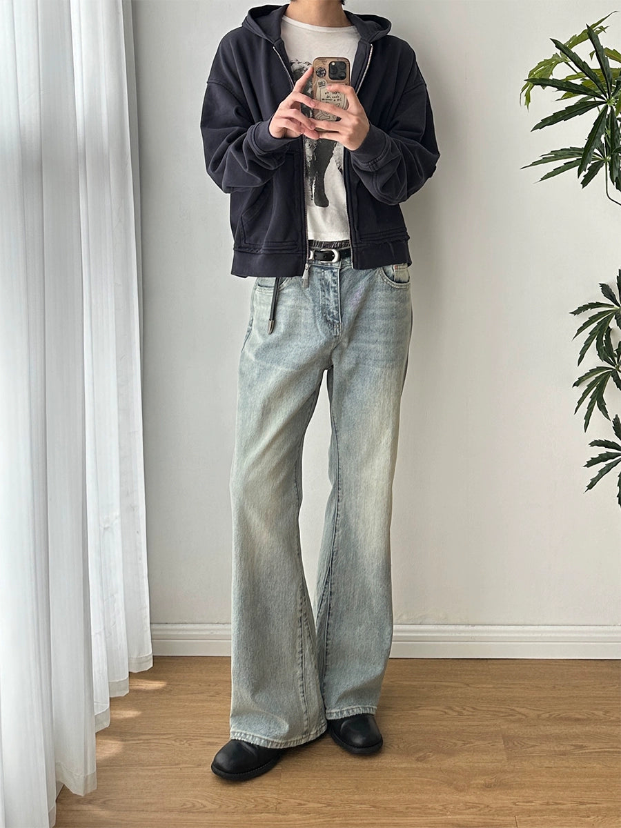 MUKHINA: Vintage Wash Micro Flared Jeans | Nüra - Unisex Vintage Wash Micro Flared Jeans by MUKHINA: Durable, stretchy, USA-made denim with timeless water-distressed detailing. - $106.00