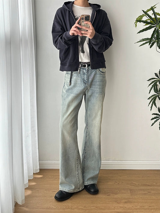 MUKHINA: Vintage Wash Micro Flared Jeans | Nüra - Unisex Vintage Wash Micro Flared Jeans by MUKHINA: Durable, stretchy, USA-made denim with timeless water-distressed detailing. - $106.00