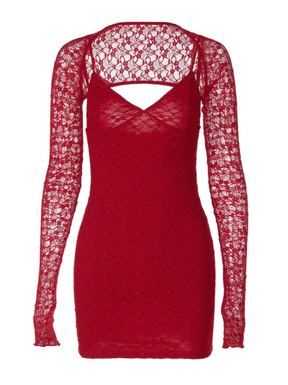 Shemoda: Fiora Lace Dress | Nüra - Elevate your style with Shemoda's Fiora Lace Dress: a V-neck suspender dress with lace detailing and a chic cover, blending elegance and allure. - $28.00