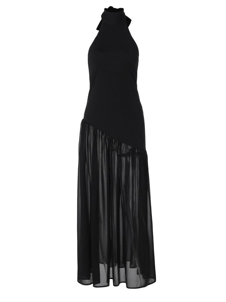 Shemoda: Delia Evening Maxi Dress | Nüra - Elevate your style with Shemoda's Delia Evening Maxi Dress. A black, backless halter dress with a ruffled neckline and elegant mesh skirt. - $27.00
